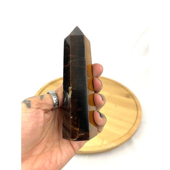 Yellow Tiger Eye Obelisk Crystal 5" Tall Natural Healing Stone Tower 213g - Picture 13 of 16